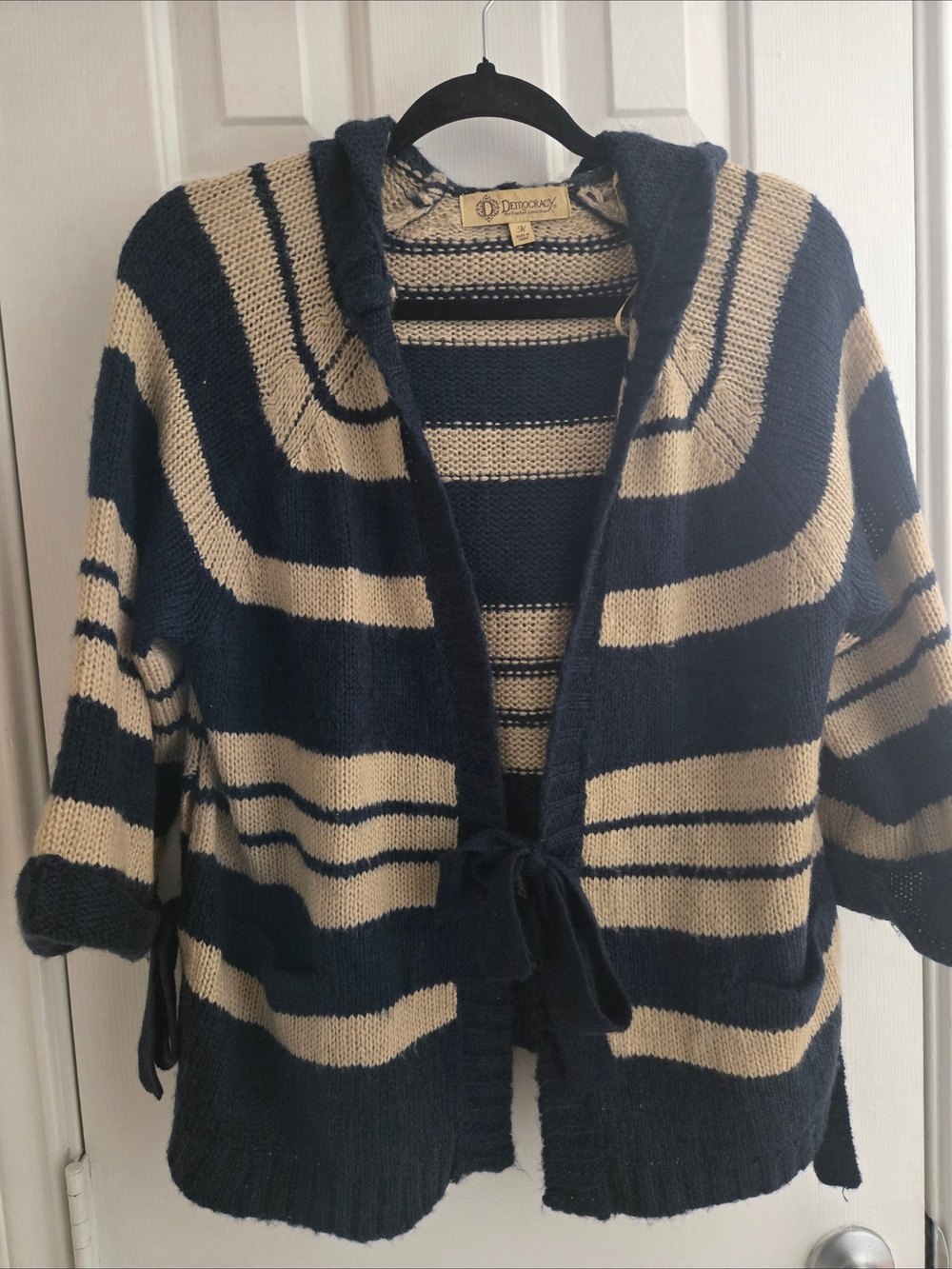 Democracy Navy Cream Striped Hooded Coastal Cardigan - Women's Size Medium EUC
